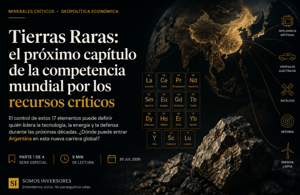Ilustración de tierras raras y minerales críticos con China destacada como líder mundial del procesamiento y Argentina como nuevo actor en exploración minera.