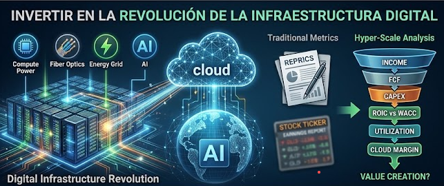 Infografía sobre la revolución de la infraestructura digital que conecta inteligencia artificial, centros de datos, red eléctrica y fibra óptica.