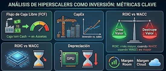 Diagrama de flujo con las métricas clave para evaluar hyperscalers como el flujo de caja libre, CapEx, ROIC y margen cloud.