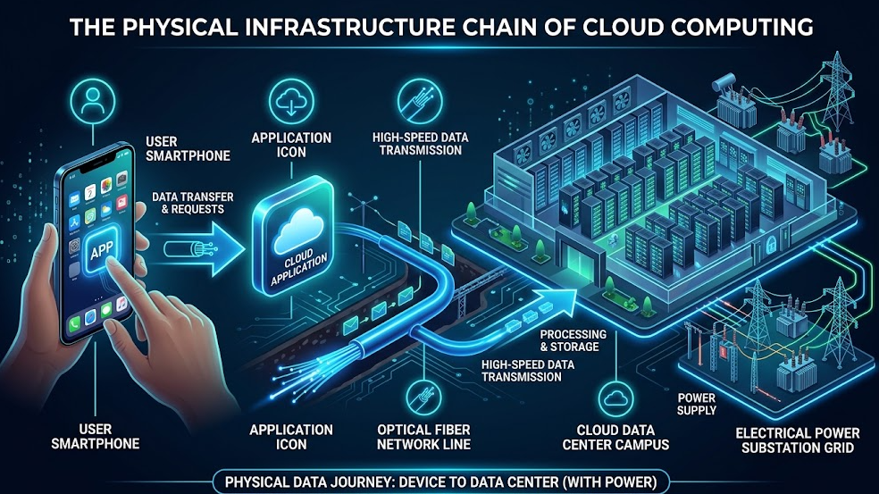 Diagrama infográfico de la cadena de infraestructura física detrás de la nube y los hyperscalers, desde el usuario hasta la red eléctrica.