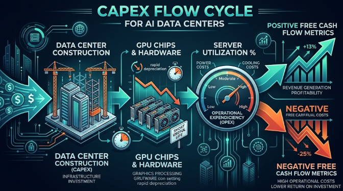 Infografía financiera mostrando la relación entre el gasto de capital (CAPEX), la depreciación acelerada de chips y el retorno sobre inversión.